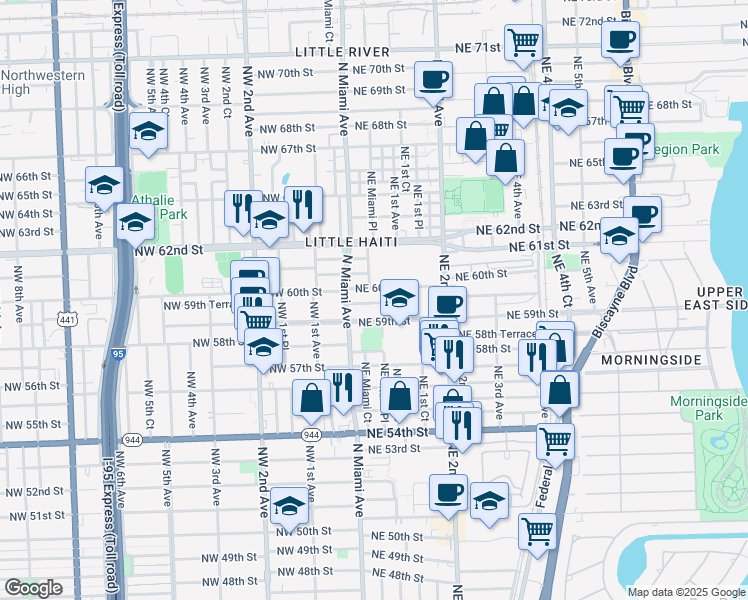 map of restaurants, bars, coffee shops, grocery stores, and more near 61 Northeast 59th Terrace in Miami