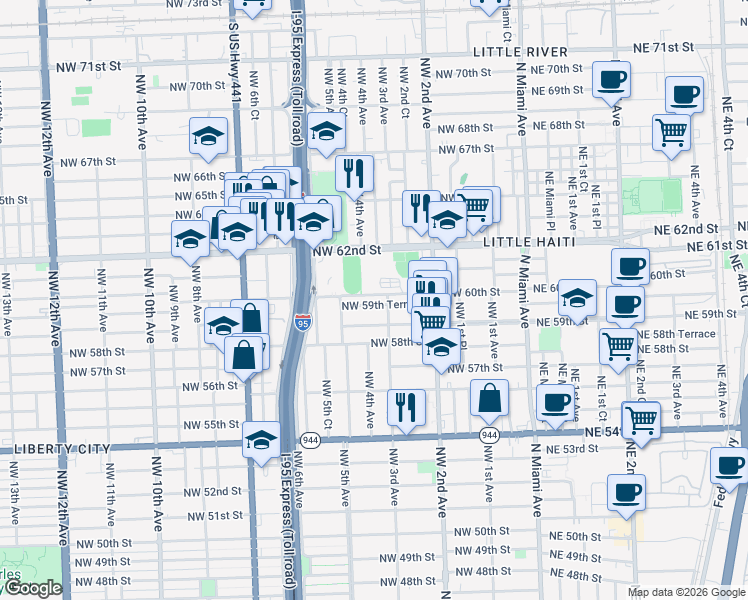 map of restaurants, bars, coffee shops, grocery stores, and more near 408 Northwest 59th Terrace in Miami
