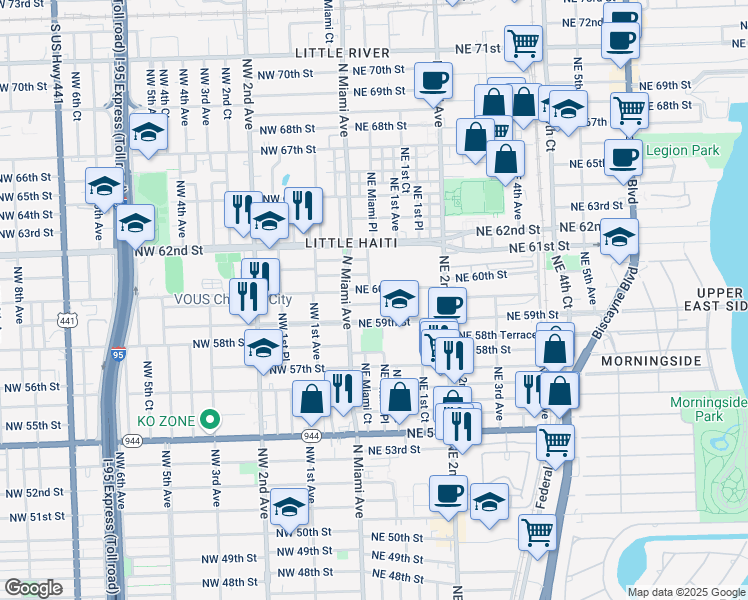 map of restaurants, bars, coffee shops, grocery stores, and more near 61 Northeast 59th Terrace in Miami