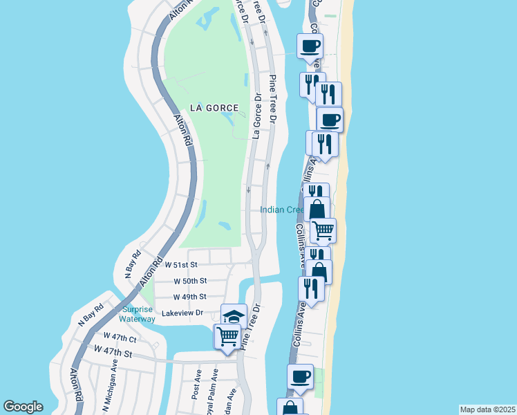 map of restaurants, bars, coffee shops, grocery stores, and more near 5300 Pine Tree Drive in Miami Beach