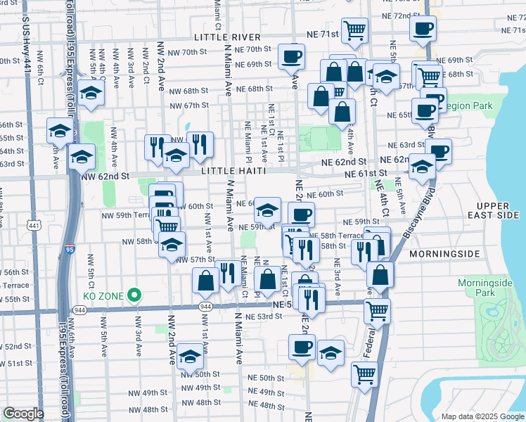 map of restaurants, bars, coffee shops, grocery stores, and more near 93 Northeast 59th Street in Miami