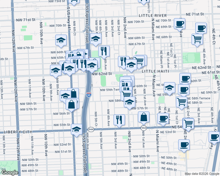 map of restaurants, bars, coffee shops, grocery stores, and more near 408 Northwest 59th Terrace in Miami