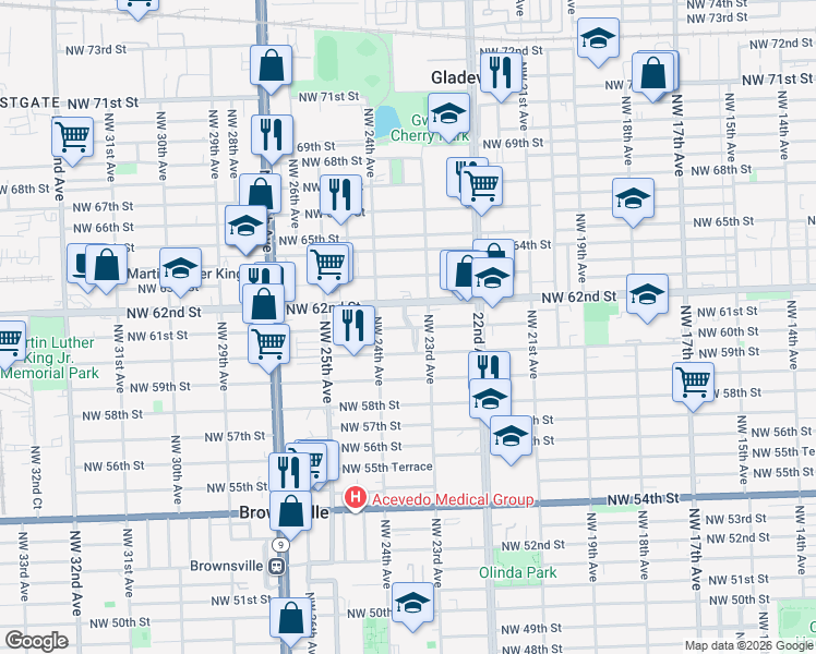 map of restaurants, bars, coffee shops, grocery stores, and more near 2370 Northwest 61st Street in Miami