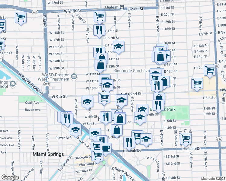 map of restaurants, bars, coffee shops, grocery stores, and more near 85 East 9th Street in Hialeah
