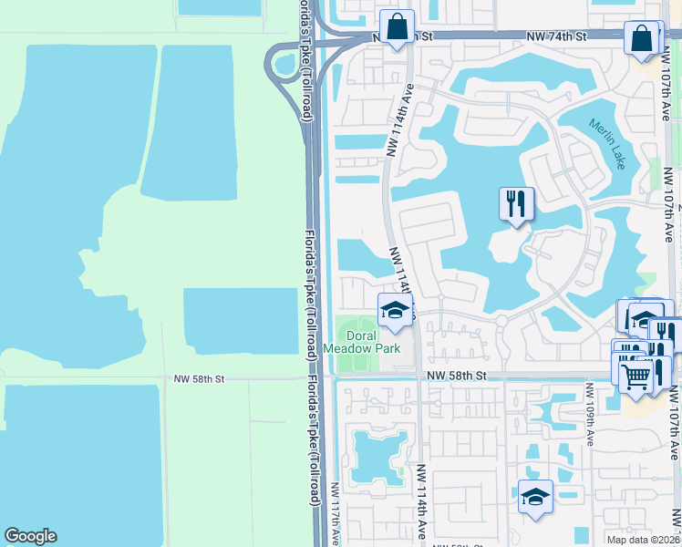 map of restaurants, bars, coffee shops, grocery stores, and more near 6103 Northwest 116 Place in Doral