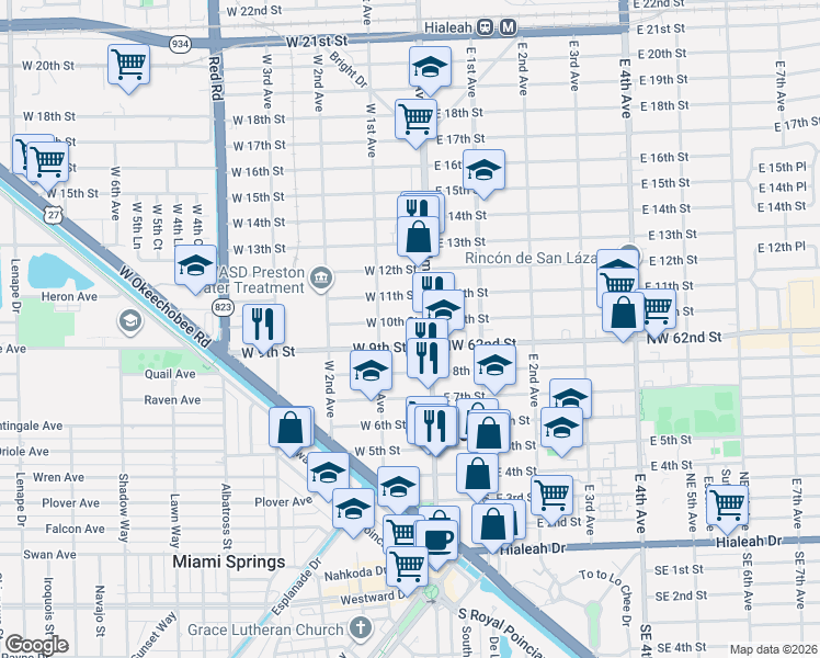 map of restaurants, bars, coffee shops, grocery stores, and more near 65 West 9th Street in Hialeah