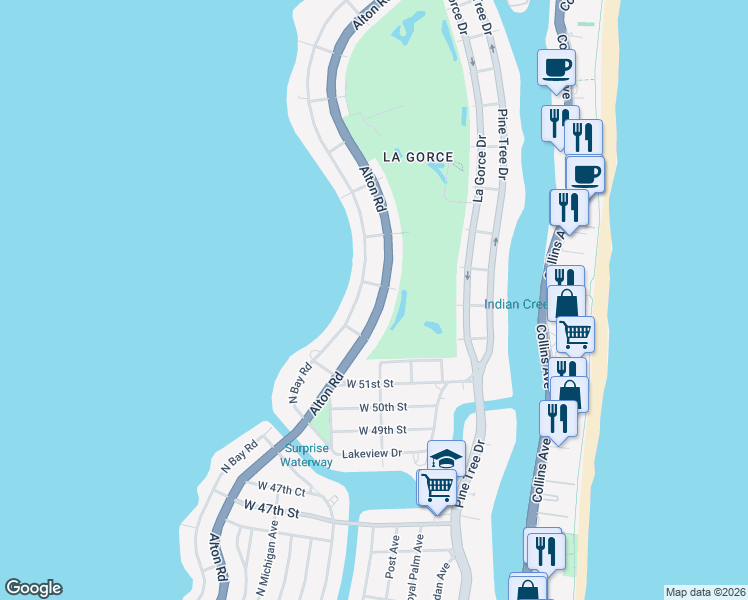 map of restaurants, bars, coffee shops, grocery stores, and more near 5223 North Bay Road in Miami