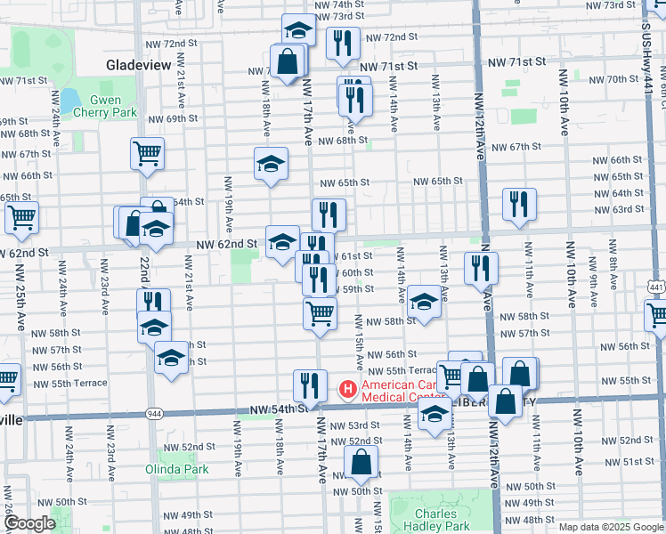 map of restaurants, bars, coffee shops, grocery stores, and more near 1621 Northwest 60th Street in Miami
