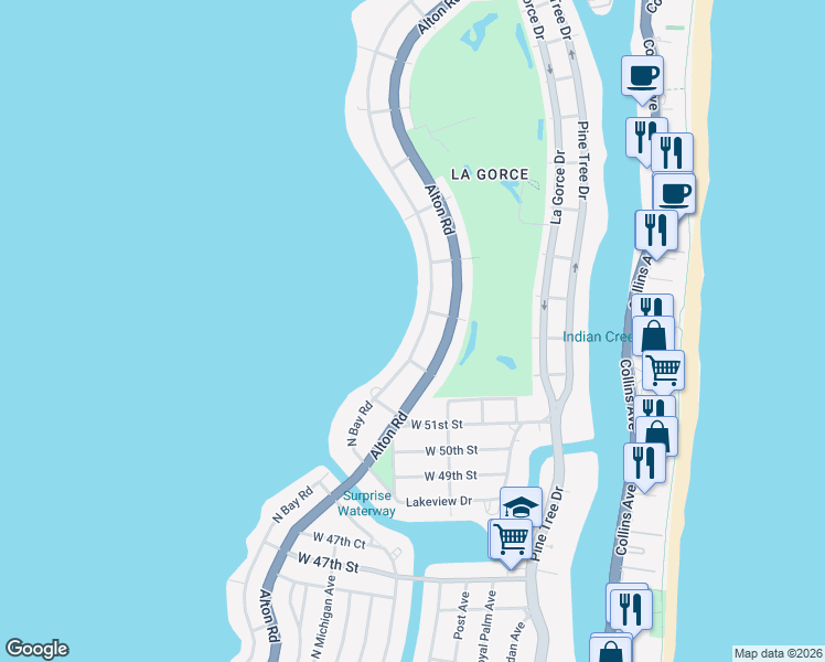 map of restaurants, bars, coffee shops, grocery stores, and more near 5223 North Bay Road in Miami
