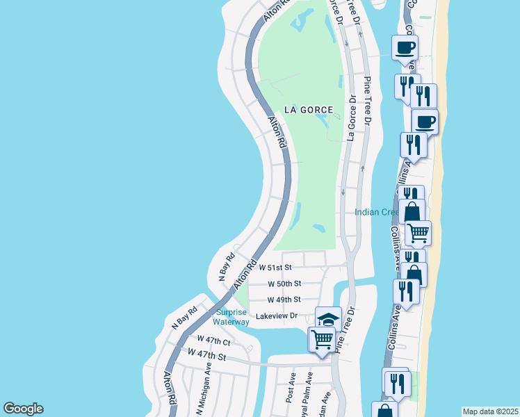 map of restaurants, bars, coffee shops, grocery stores, and more near 5223 North Bay Road in Miami
