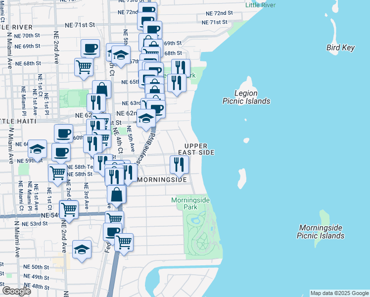 map of restaurants, bars, coffee shops, grocery stores, and more near in Miami
