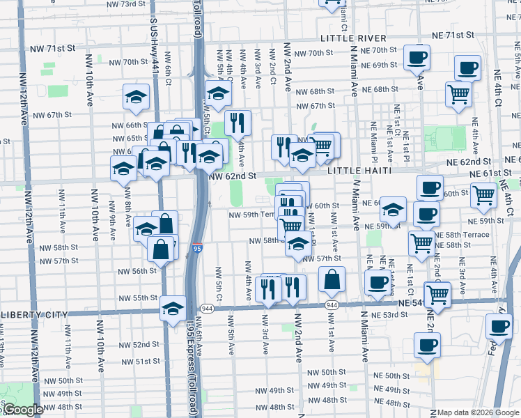 map of restaurants, bars, coffee shops, grocery stores, and more near 5980 Northwest 3rd Avenue in Miami