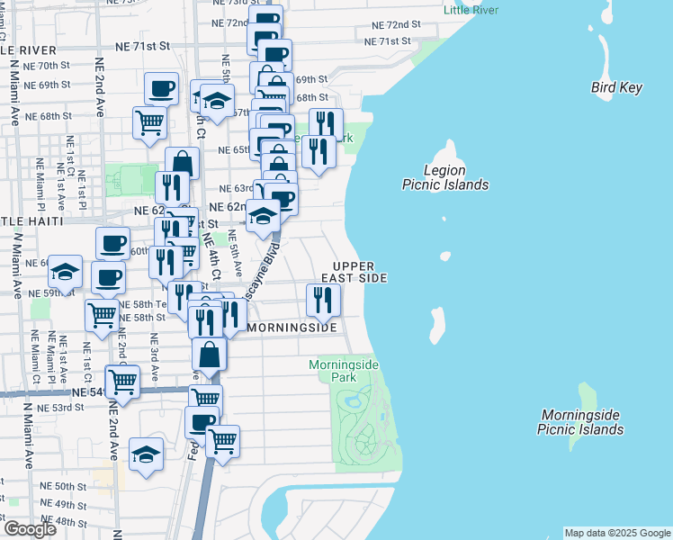 map of restaurants, bars, coffee shops, grocery stores, and more near in Miami