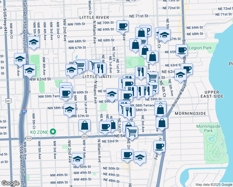 map of restaurants, bars, coffee shops, grocery stores, and more near 167 Northeast 59th Street in Miami