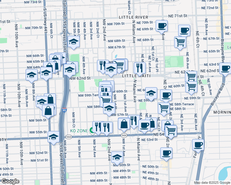 map of restaurants, bars, coffee shops, grocery stores, and more near 165 Northwest 59th Street in Miami