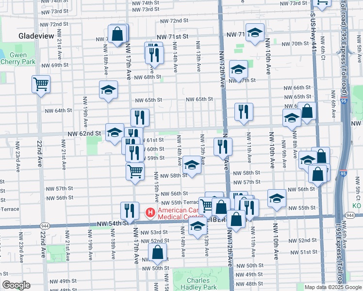 map of restaurants, bars, coffee shops, grocery stores, and more near 1351 Northwest 59th Street in Miami