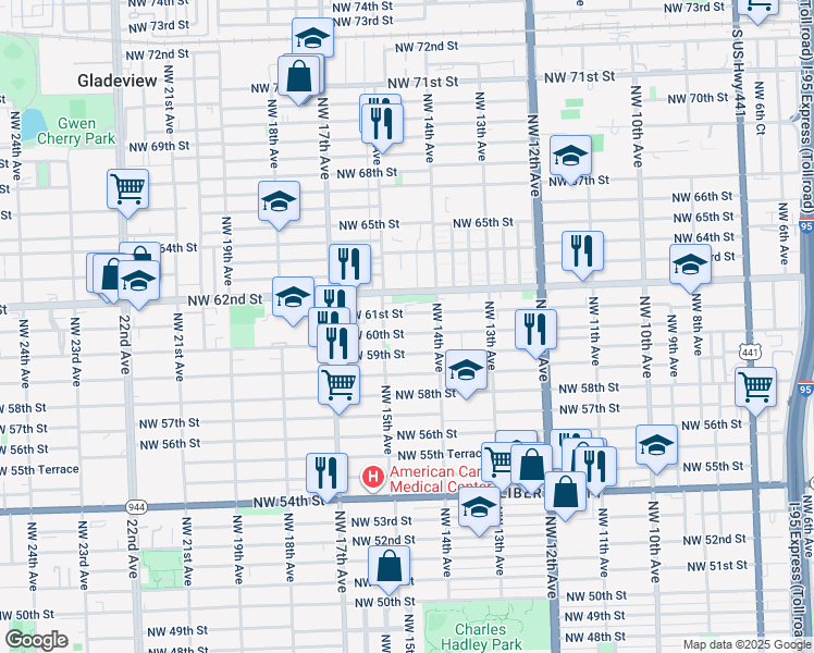 map of restaurants, bars, coffee shops, grocery stores, and more near 1426 Northwest 60th Street in Miami