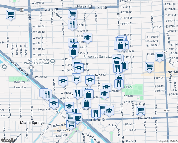 map of restaurants, bars, coffee shops, grocery stores, and more near 85 East 9th Street in Hialeah