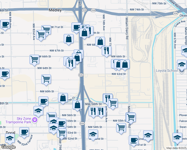 map of restaurants, bars, coffee shops, grocery stores, and more near 7640 Northwest 63rd Street in Miami