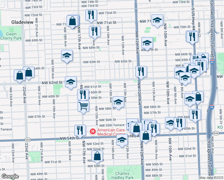 map of restaurants, bars, coffee shops, grocery stores, and more near 1351 Northwest 59th Street in Miami