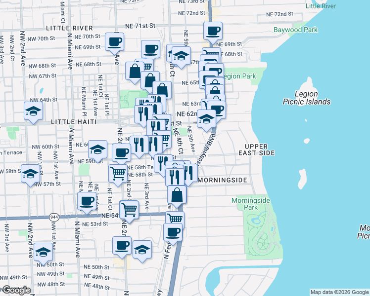 map of restaurants, bars, coffee shops, grocery stores, and more near 418 Northeast 59th Street in Miami
