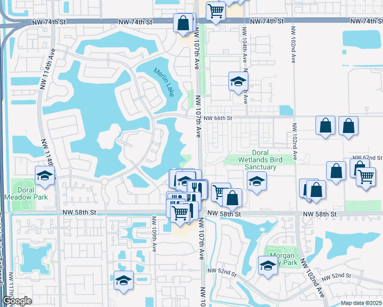 map of restaurants, bars, coffee shops, grocery stores, and more near 10720 Northwest 66th Street in Doral