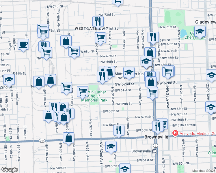 map of restaurants, bars, coffee shops, grocery stores, and more near 3152 Northwest 61st Street in Miami