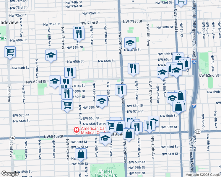 map of restaurants, bars, coffee shops, grocery stores, and more near 1285 Northwest 60th Street in Miami