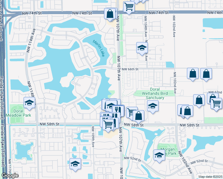 map of restaurants, bars, coffee shops, grocery stores, and more near 10720 Northwest 66th Street in Doral