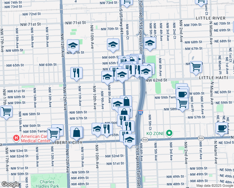 map of restaurants, bars, coffee shops, grocery stores, and more near 5920 Northwest 7th Court in Miami