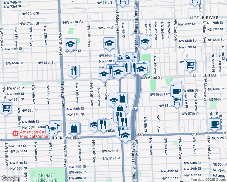 map of restaurants, bars, coffee shops, grocery stores, and more near 5920 Northwest 7th Court in Miami