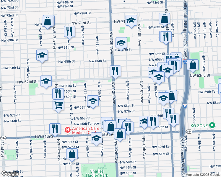 map of restaurants, bars, coffee shops, grocery stores, and more near 5916 Northwest 12th Avenue in Miami