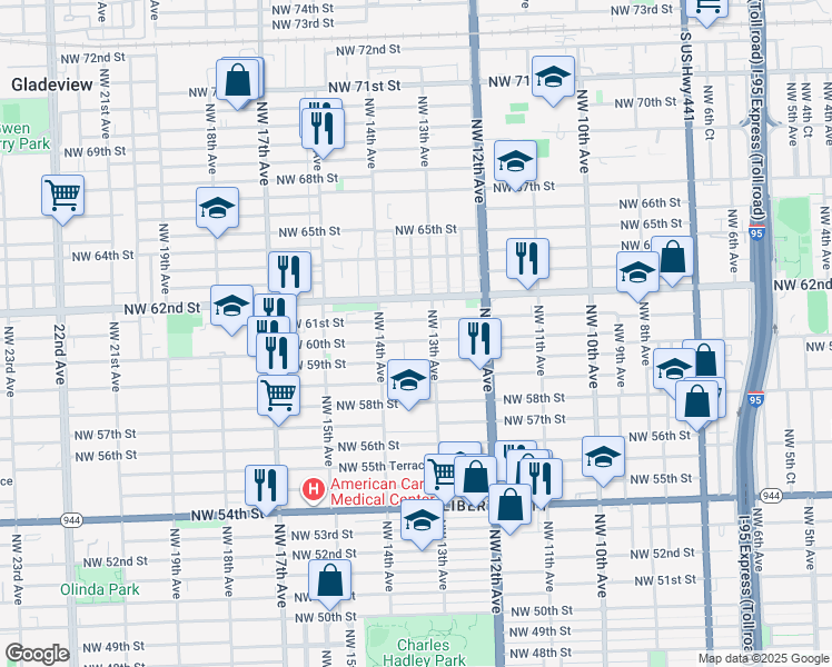 map of restaurants, bars, coffee shops, grocery stores, and more near 1351 Northwest 59th Street in Miami