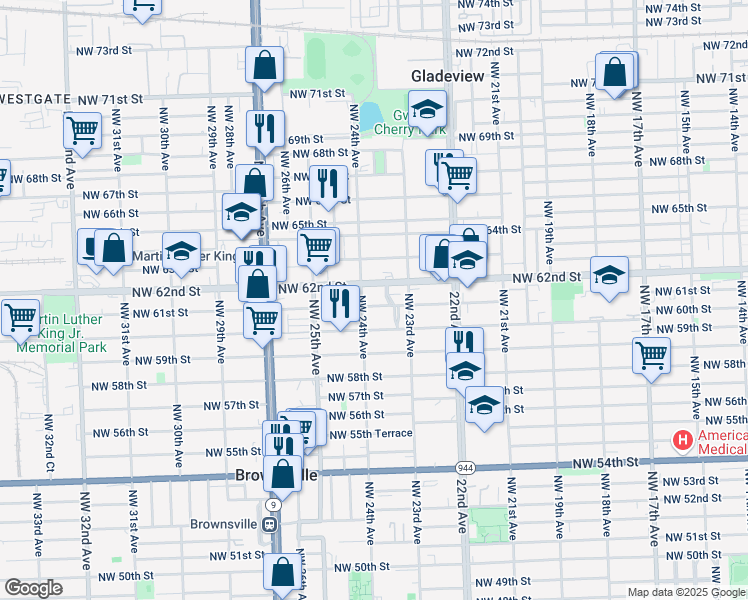 map of restaurants, bars, coffee shops, grocery stores, and more near 2370 Northwest 61st Street in Miami