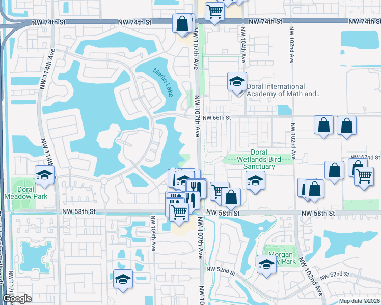 map of restaurants, bars, coffee shops, grocery stores, and more near 10720 Northwest 66th Street in Doral