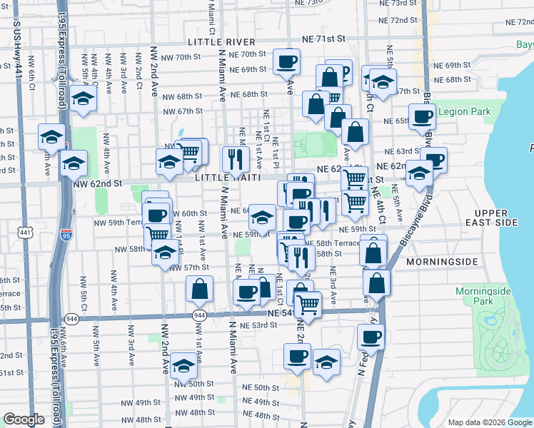 map of restaurants, bars, coffee shops, grocery stores, and more near 93 Northeast 59th Street in Miami
