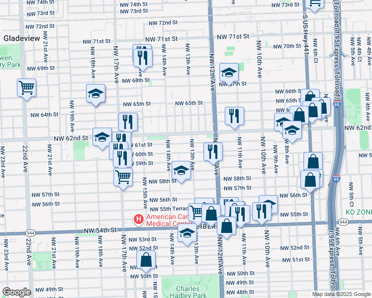 map of restaurants, bars, coffee shops, grocery stores, and more near 1319 Northwest 60th Street in Miami