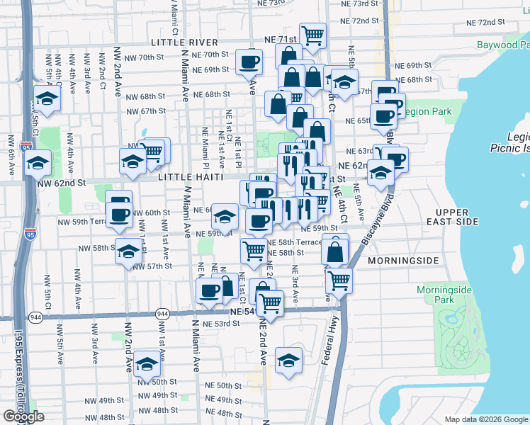 map of restaurants, bars, coffee shops, grocery stores, and more near 250 Northeast 60th Street in Miami