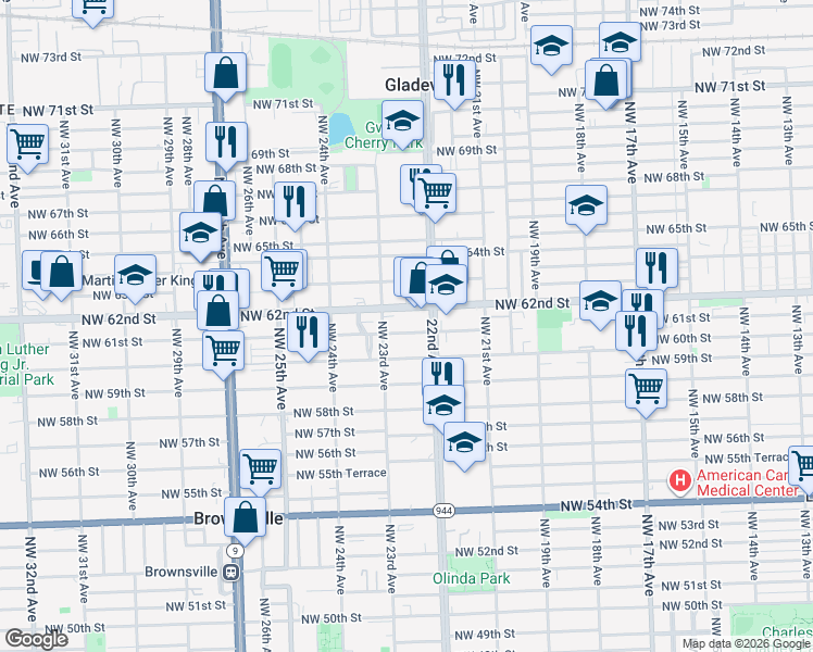 map of restaurants, bars, coffee shops, grocery stores, and more near 2229 Northwest 62nd Street in Miami