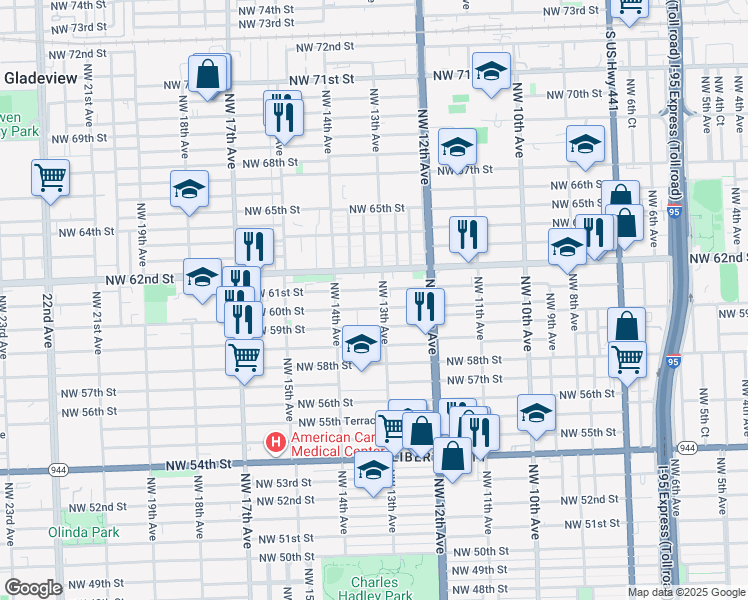 map of restaurants, bars, coffee shops, grocery stores, and more near 1281 Northwest 61st Street in Miami