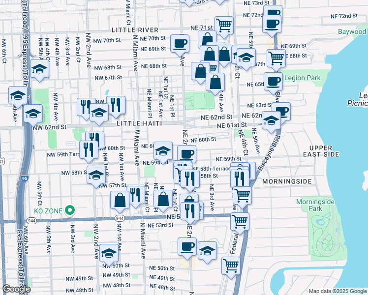 map of restaurants, bars, coffee shops, grocery stores, and more near 169 Northeast 60th Street in Miami