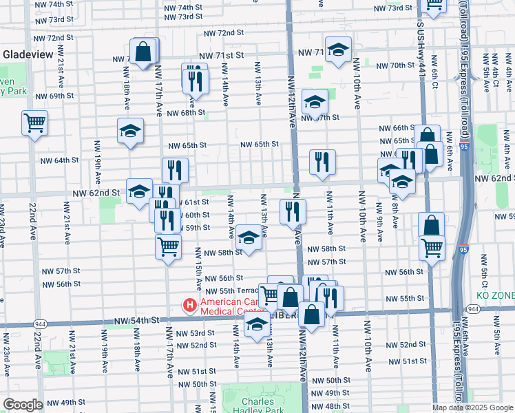 map of restaurants, bars, coffee shops, grocery stores, and more near 6020 Northwest 13th Avenue in Miami
