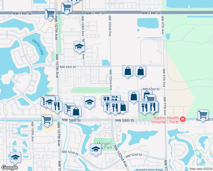 map of restaurants, bars, coffee shops, grocery stores, and more near 10229 Northwest 64th Terrace in Doral