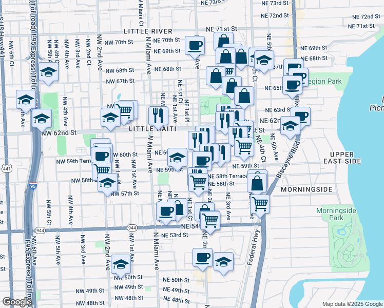 map of restaurants, bars, coffee shops, grocery stores, and more near in Miami