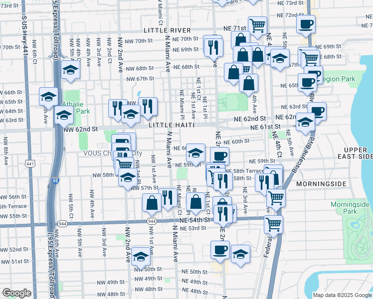 map of restaurants, bars, coffee shops, grocery stores, and more near 97 Northeast 60th Street in Miami