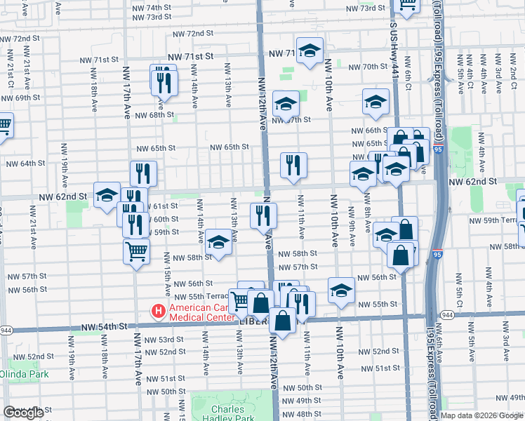 map of restaurants, bars, coffee shops, grocery stores, and more near in Miami