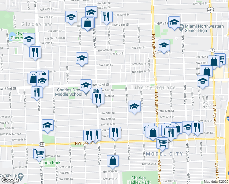 map of restaurants, bars, coffee shops, grocery stores, and more near 1500 Northwest 62nd Terrace in Miami