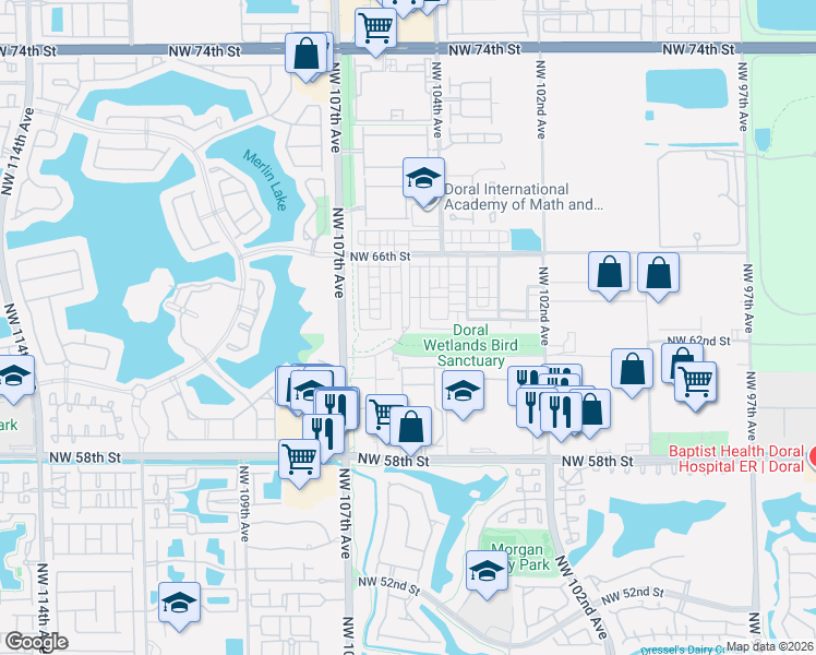 map of restaurants, bars, coffee shops, grocery stores, and more near 6338 Northwest 104th Court in Doral