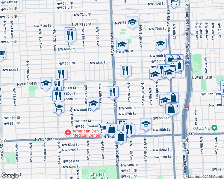map of restaurants, bars, coffee shops, grocery stores, and more near in Miami