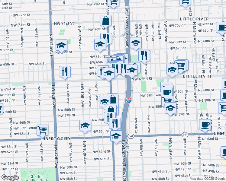 map of restaurants, bars, coffee shops, grocery stores, and more near 6013 U.S. 441 in Miami